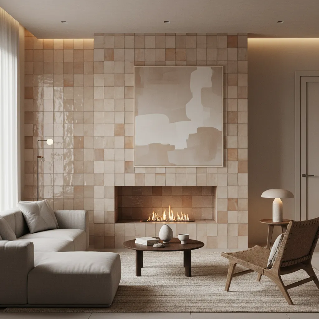 Living room fireplace with glossy zellige tile accent wall