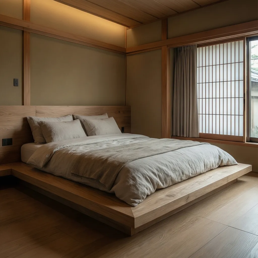 Dormitorio minimalista estilo zen con cama baja y iluminación suave