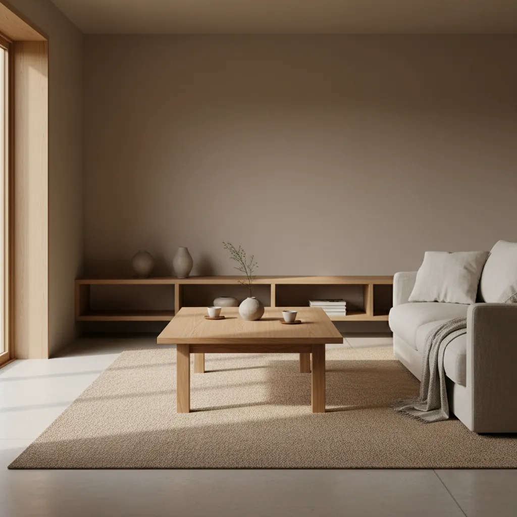 Interior zen con paleta de colores beige, madera clara y textiles naturales