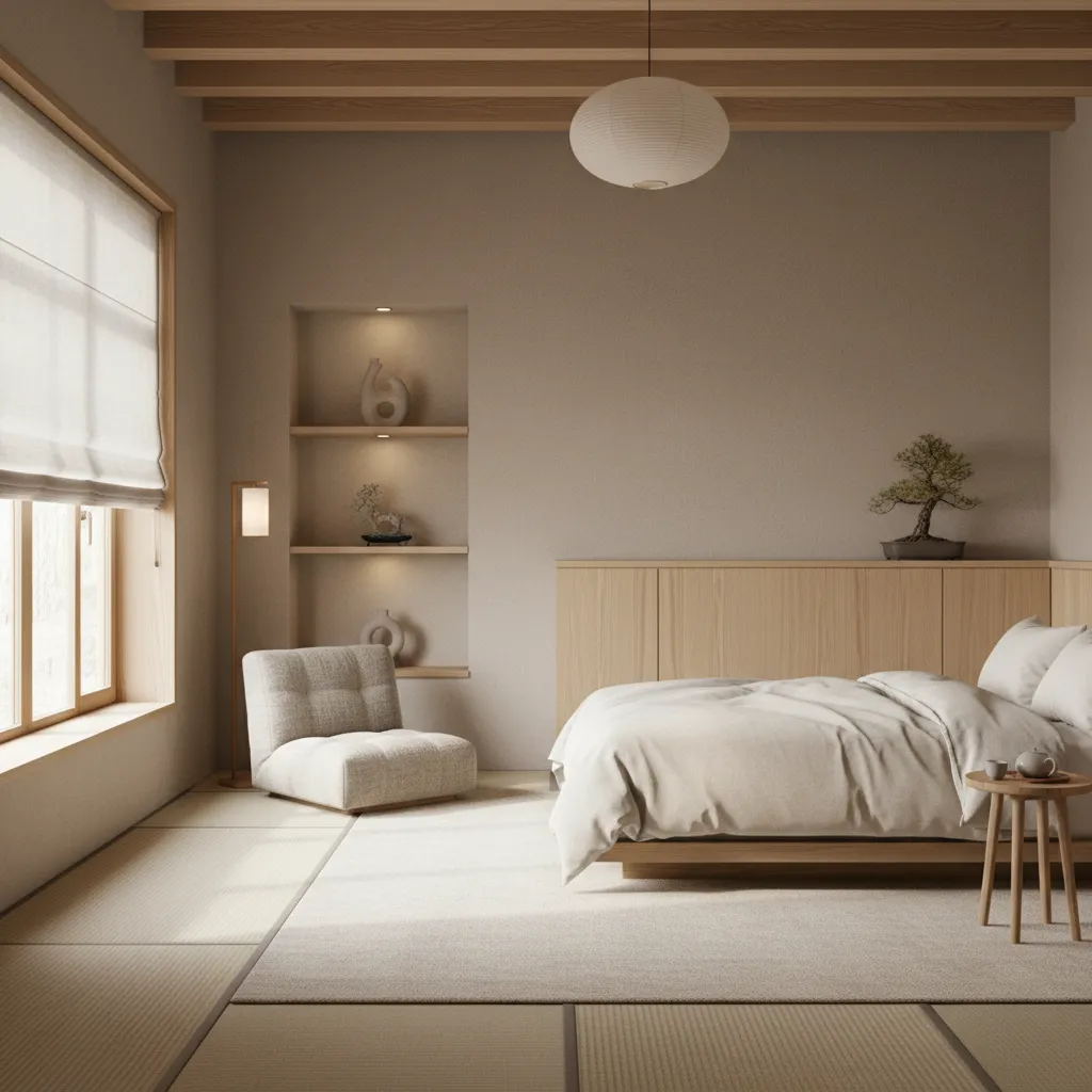 Minimalist Japanese bedroom with bed floor chair tatami mats wooden ceiling beams and ceiling light