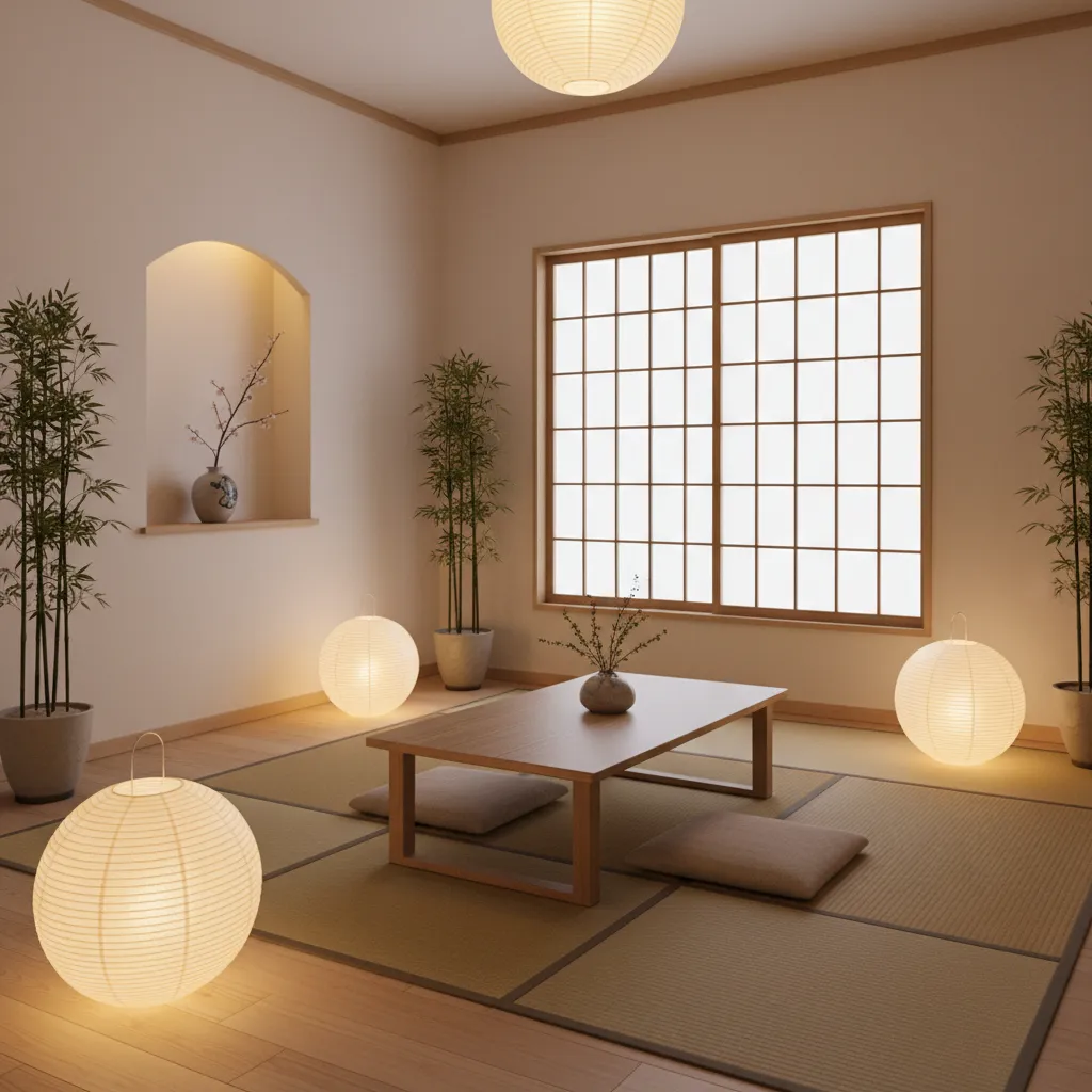 Japanese style room featuring low wooden table floor cushions glowing round lanterns and large windows