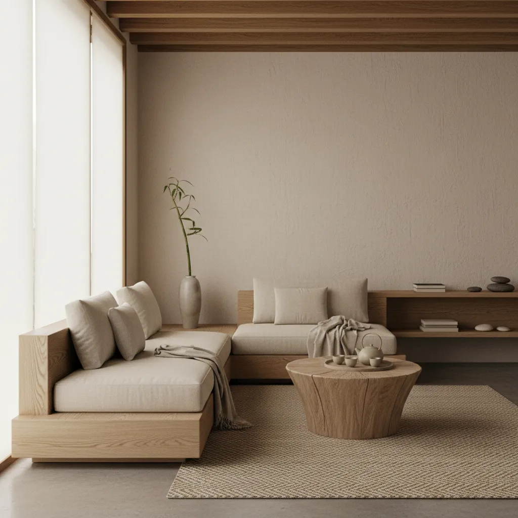 Salón con materiales naturales como madera, lino y cerámica en un ambiente zen