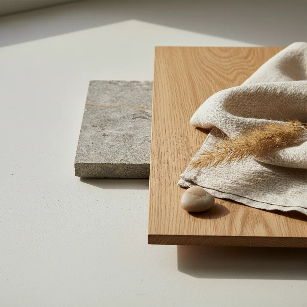 Detalle de texturas naturales como madera, piedra y lino en interior zen
