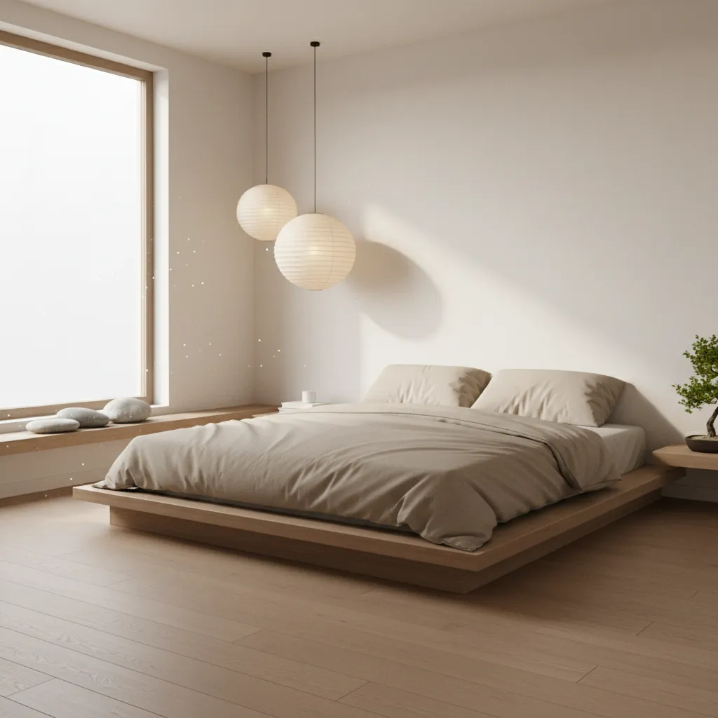 Zen style minimalist bedroom with low bed natural wood and soft neutral tones