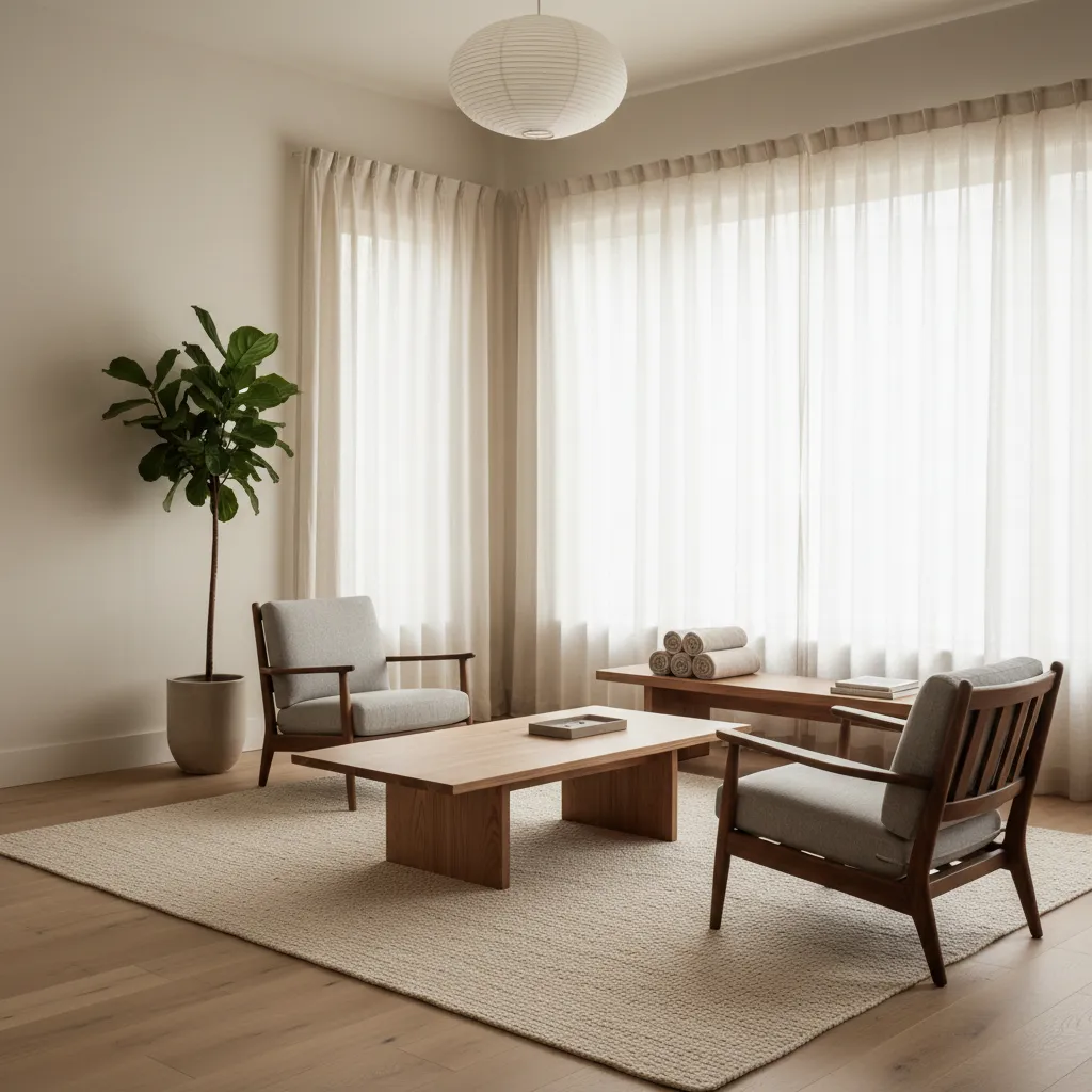 Minimalist living room with grey chairs wooden coffee table sheer curtains and paper ceiling light