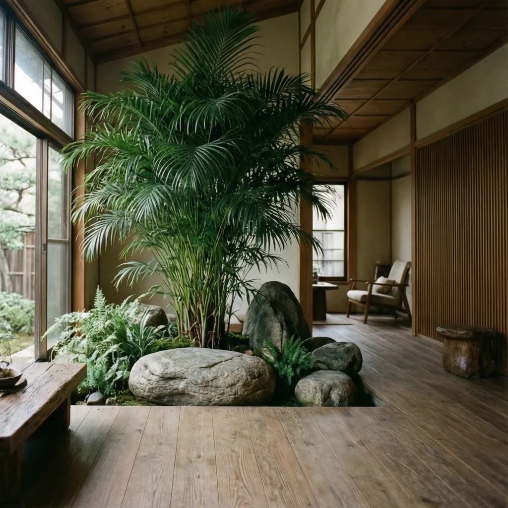 Interior zen con planta grande, piedra decorativa y madera natural