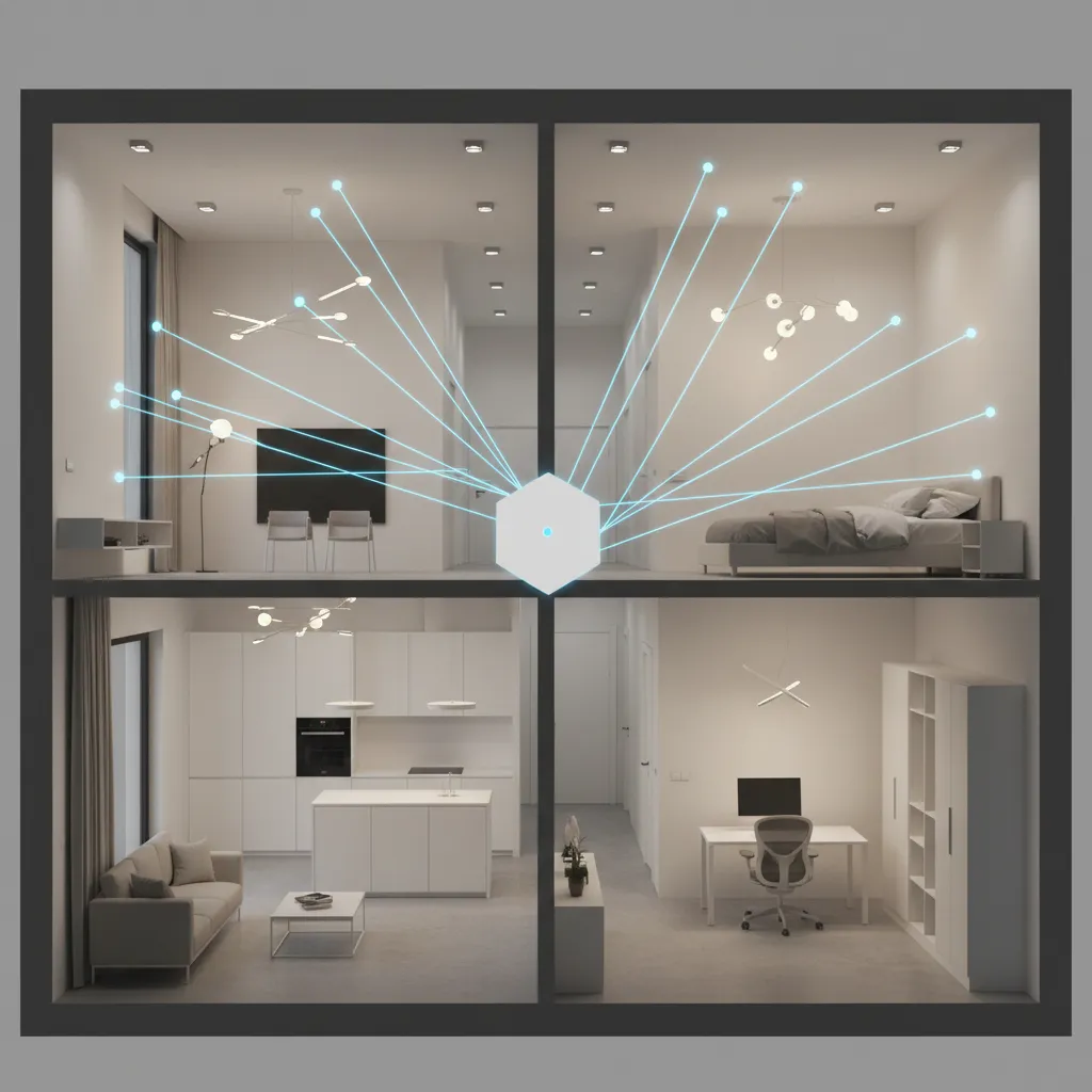 Diagram style interior showing Zigbee smart lighting mesh network across rooms