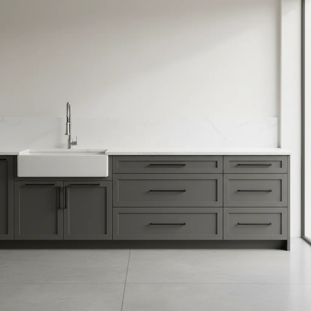 Modern zinc alloy matte black cabinet pulls on kitchen drawers