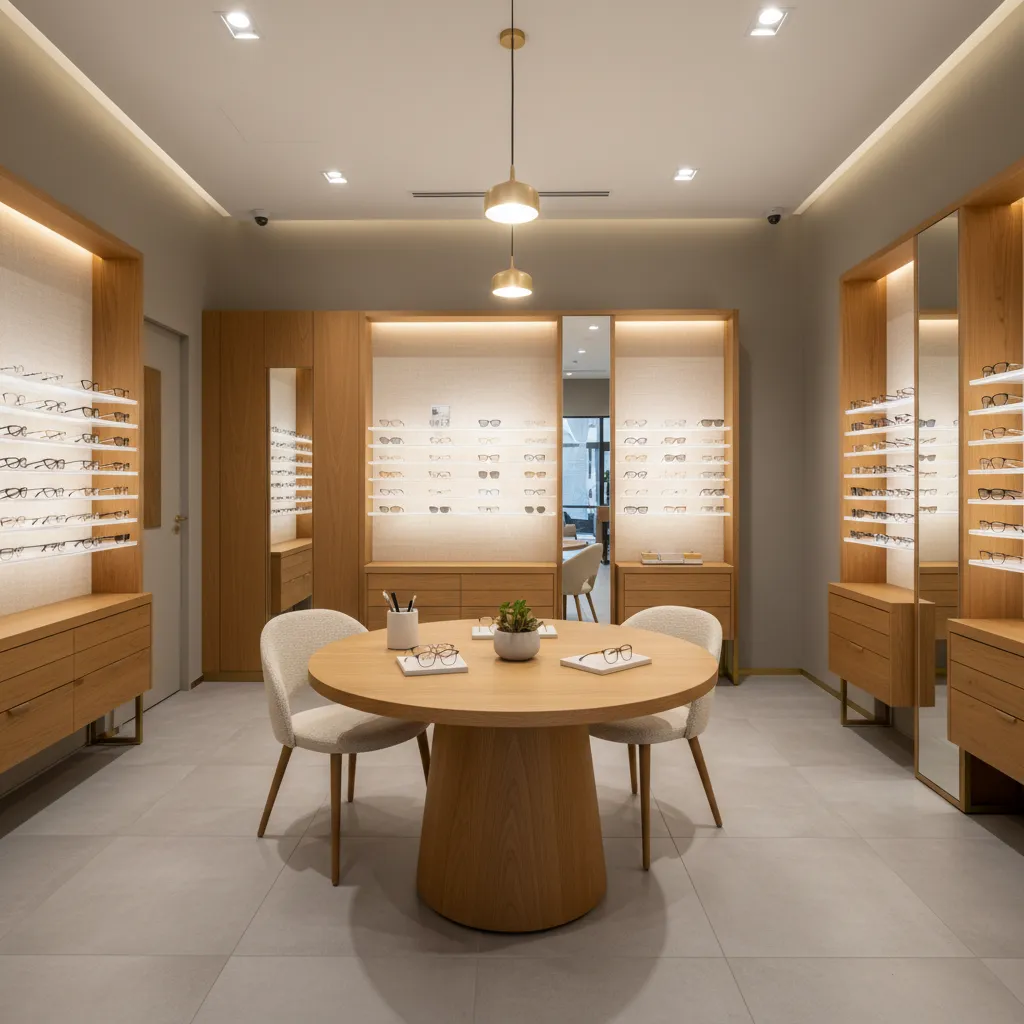 Round wood table with two chairs in optical shop featuring wall cabinets displaying many glasses