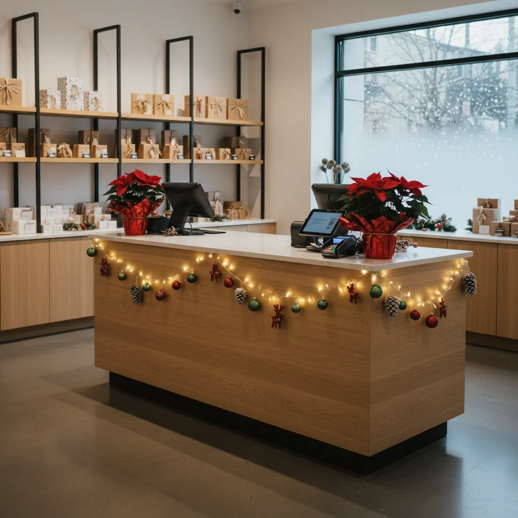 Zona de caja de tienda decorada con detalles navideños y luces cálidas