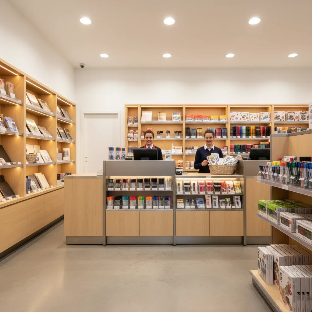 Zona de caja en papelería con productos pequeños de compra impulsiva