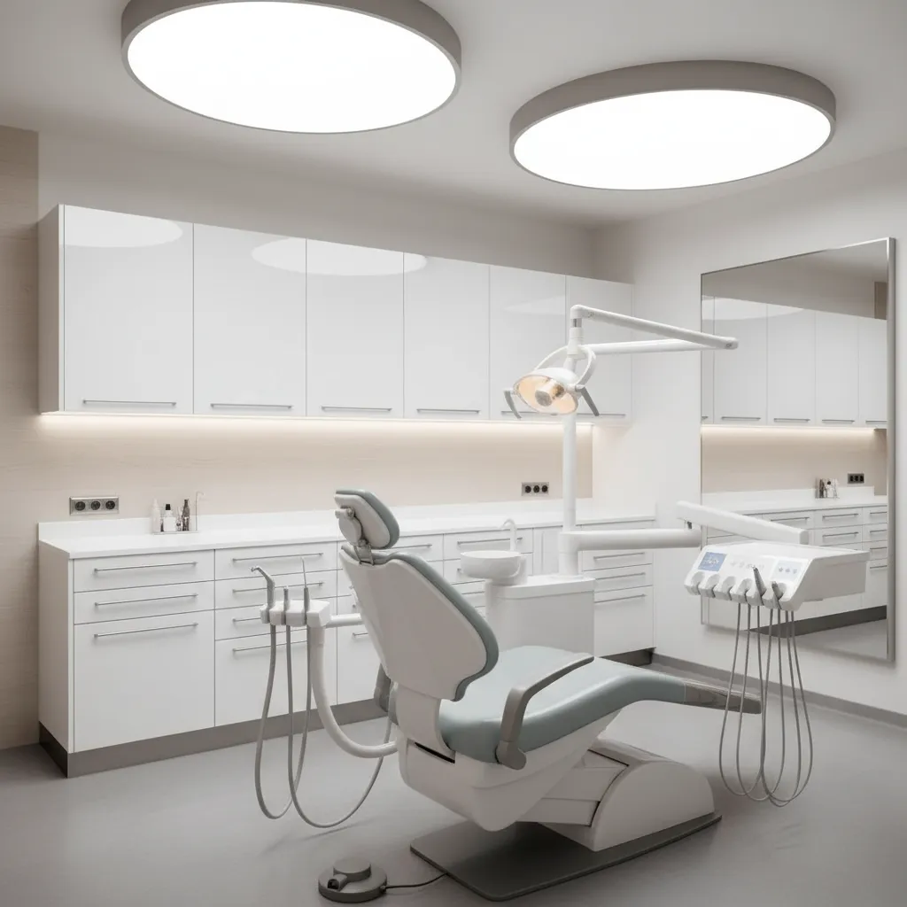 Área clínica de un consultorio odontológico con sillón dental y gabinete organizado