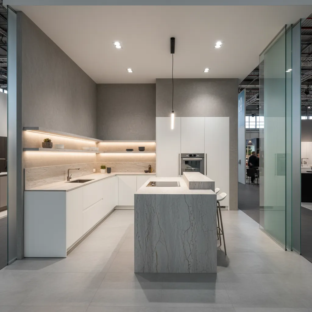 Exposición de diseño de cocina moderna en feria de interiorismo