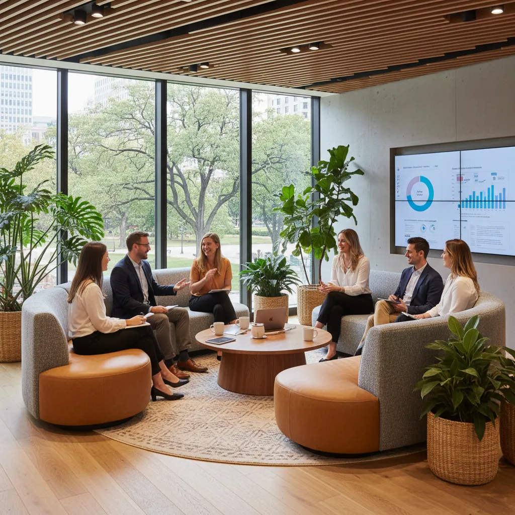 Six people having a meeting in a modern office lounge with plants and large windows