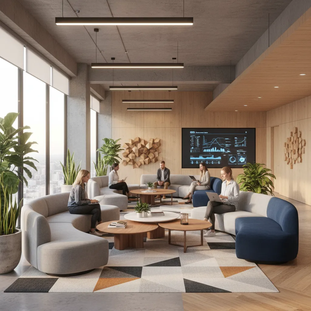 Zona colaborativa tipo lounge en oficina contemporánea