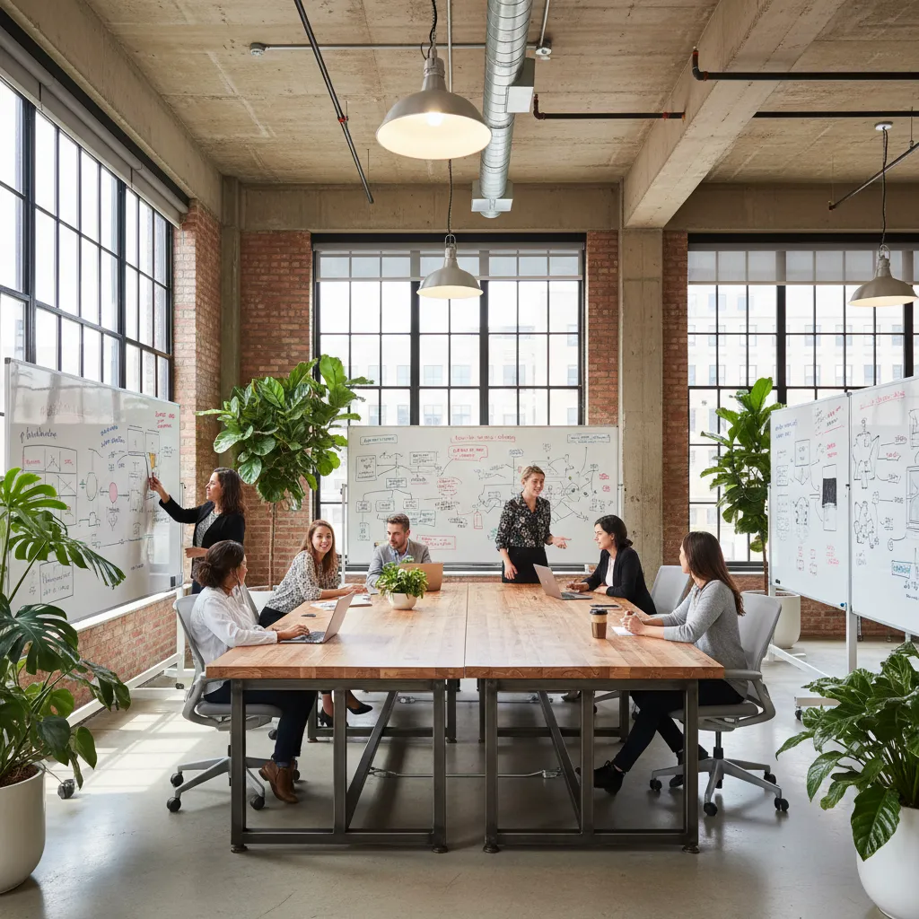 Zona colaborativa en una oficina creativa con mesas compartidas y pizarras