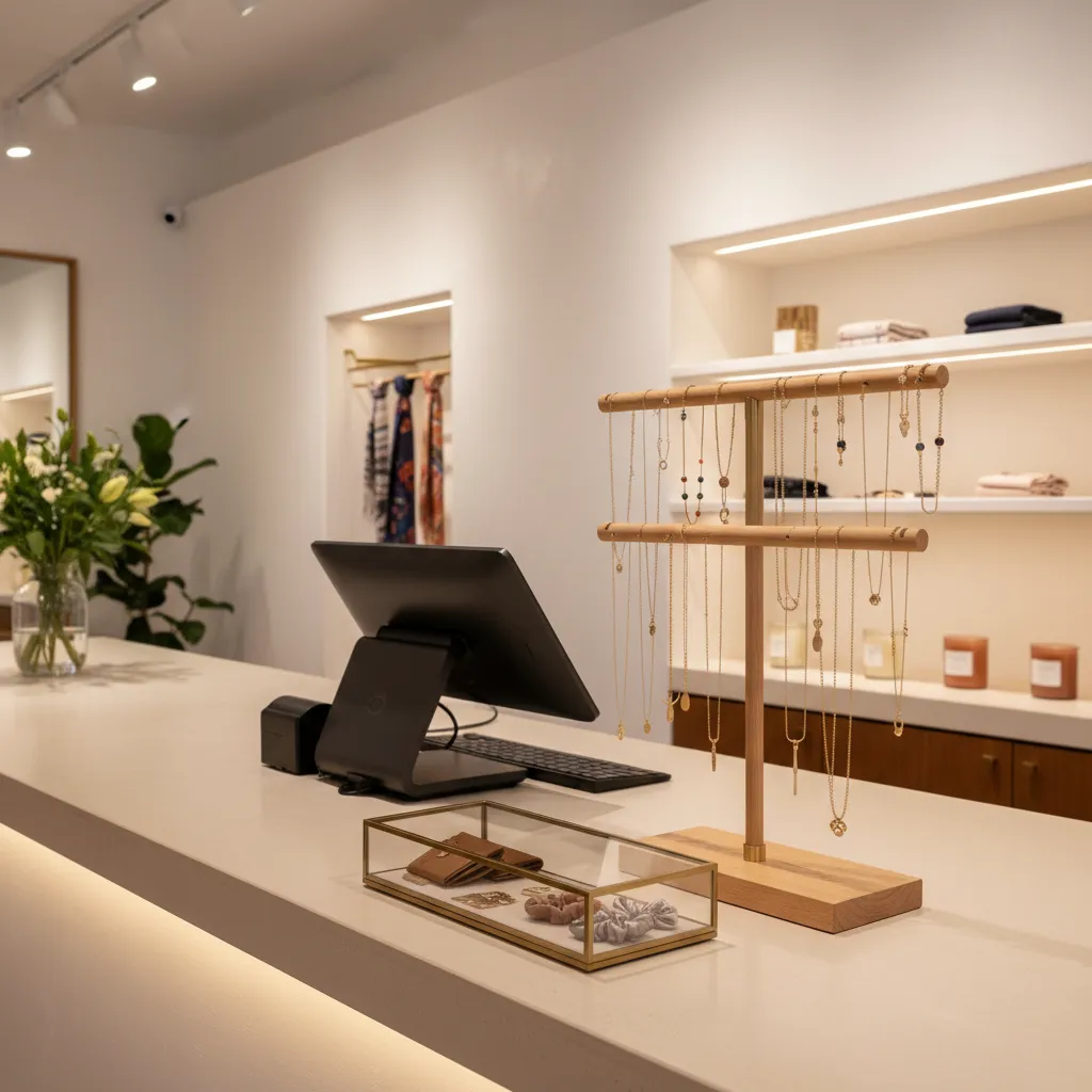 Minimalist store checkout counter with wooden jewelry stand necklaces computer monitor and white flower vase