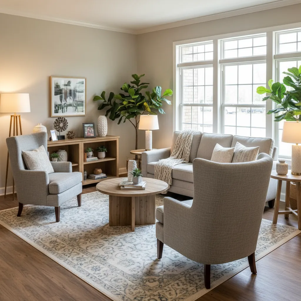 Sala de estar acogedora en residencia de ancianos con sofás y luz natural