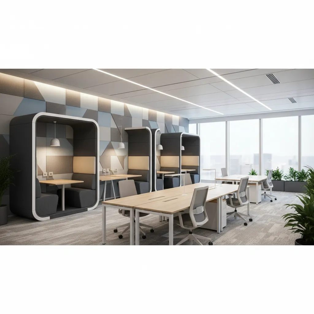 Modern office workspace featuring private work booths wooden desks grey chairs and geometric wall panel