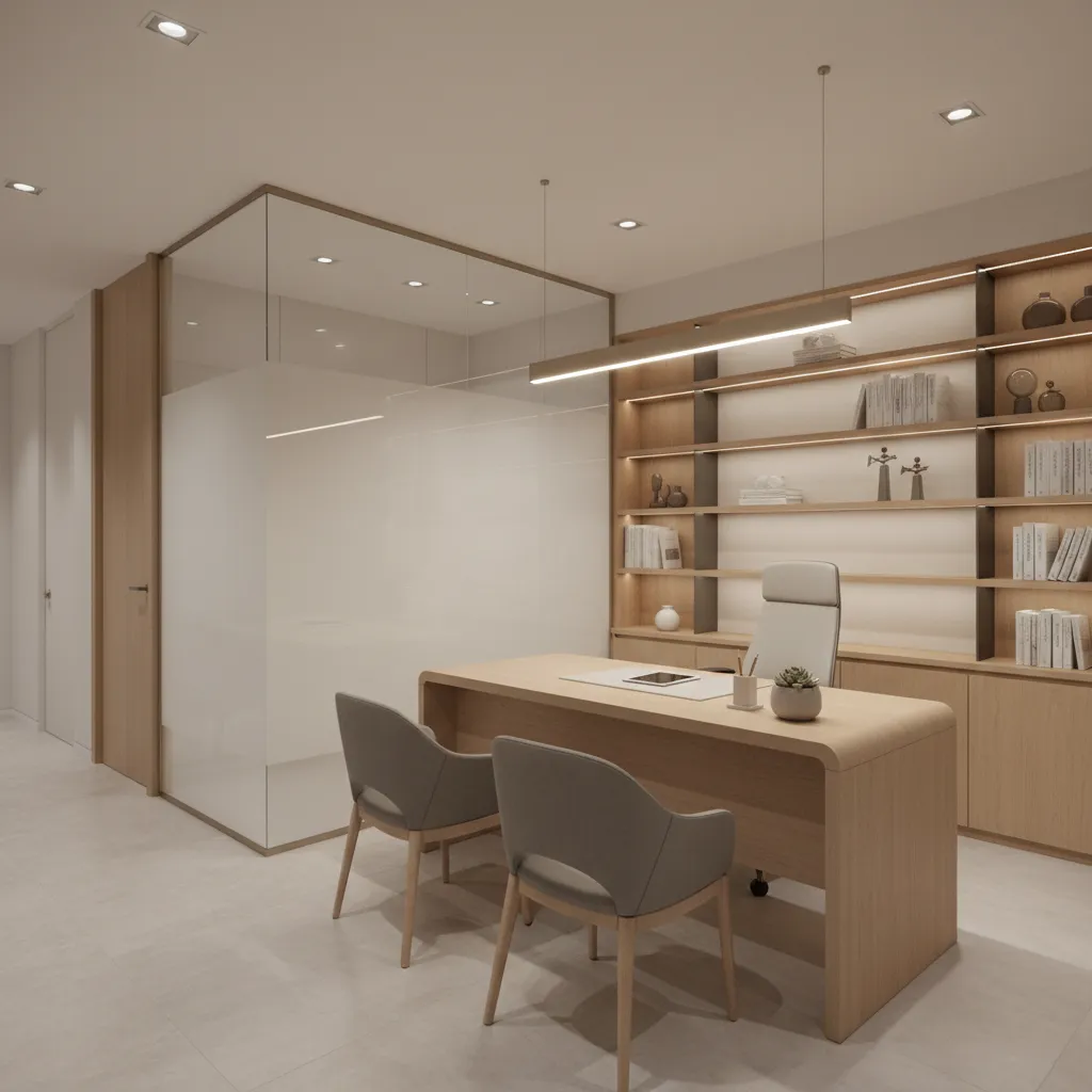 Modern office with wood desk grey chairs glass wall and bookshelves with simple light fixture