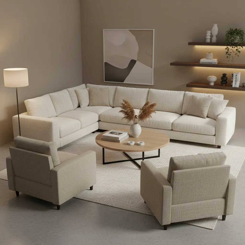 Interior design drawing of living room with large white sofa two armchairs and round table