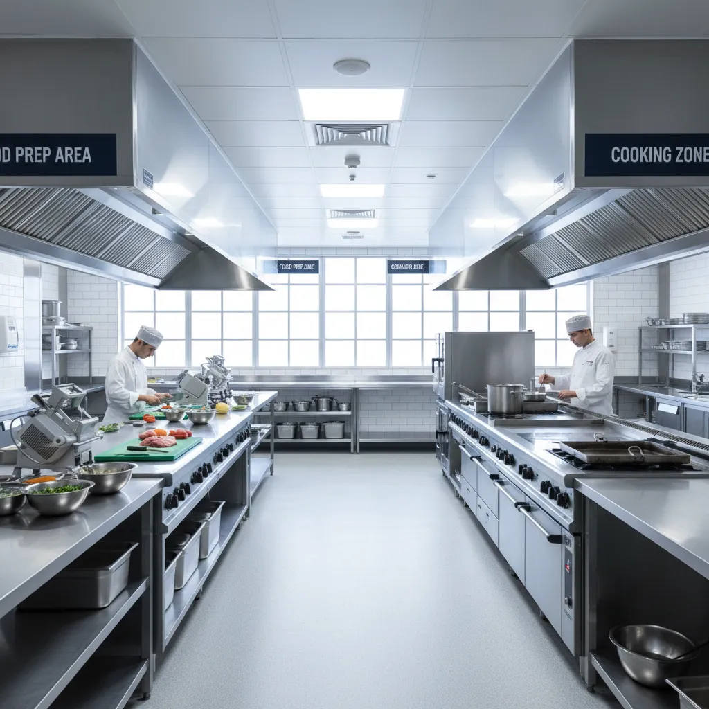 Zona kerja dapur rumah sakit dengan area persiapan dan memasak