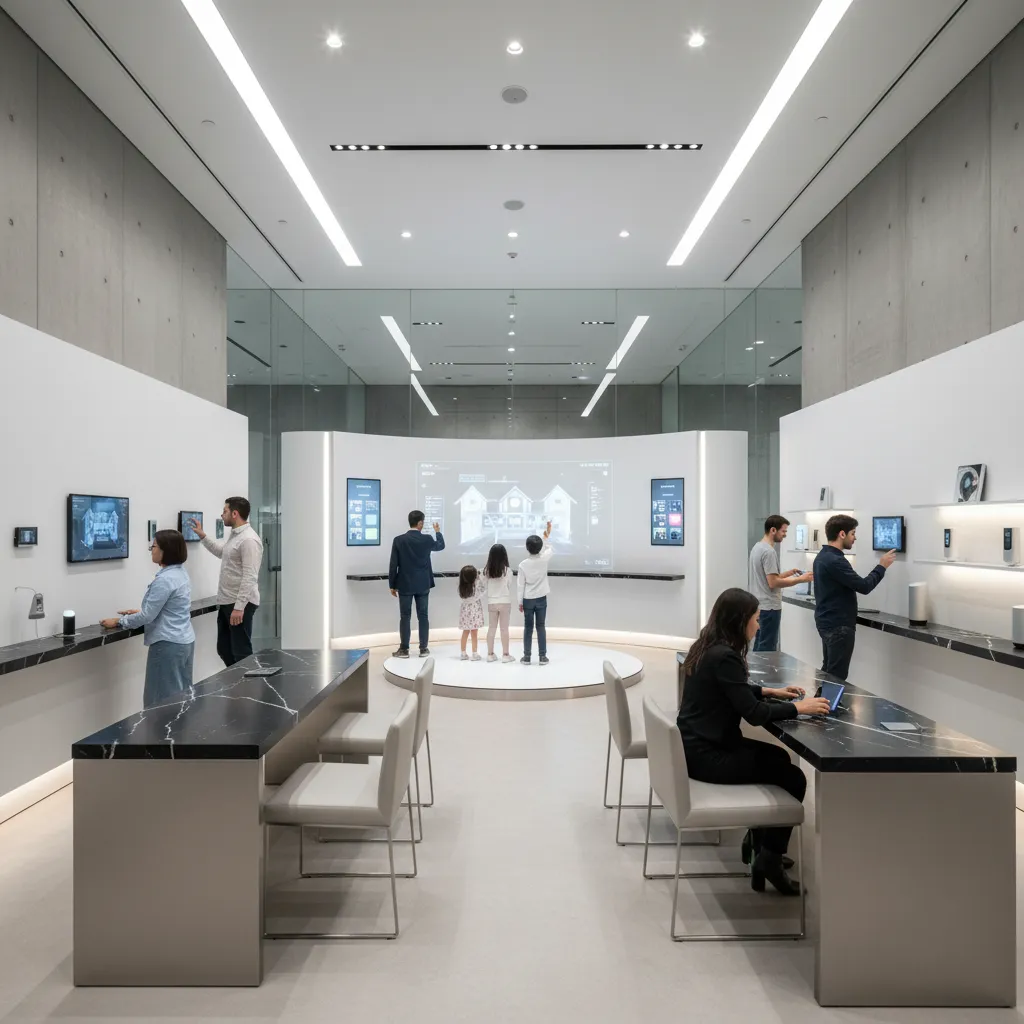 Zona de demostración interactiva en un showroom tecnológico moderno