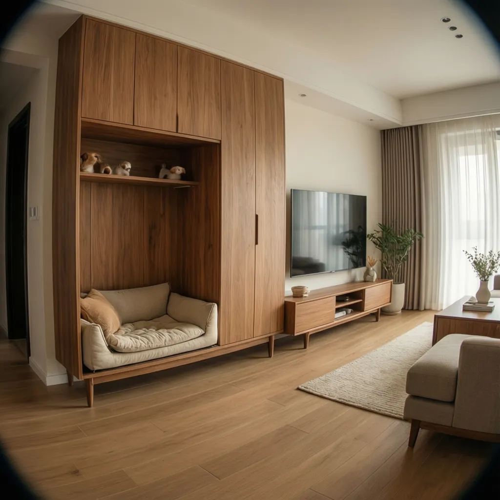 Cama de perro integrada en mueble de salón