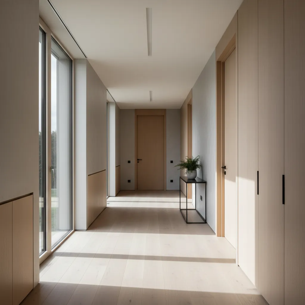 Zona de dormitorios conectados por un pequeño pasillo en vivienda moderna