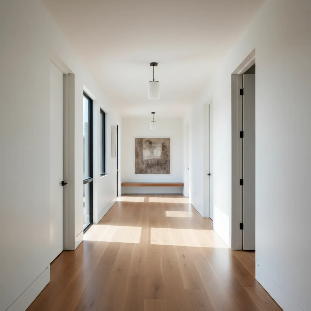 Pasillo corto conectando varios dormitorios en una casa moderna