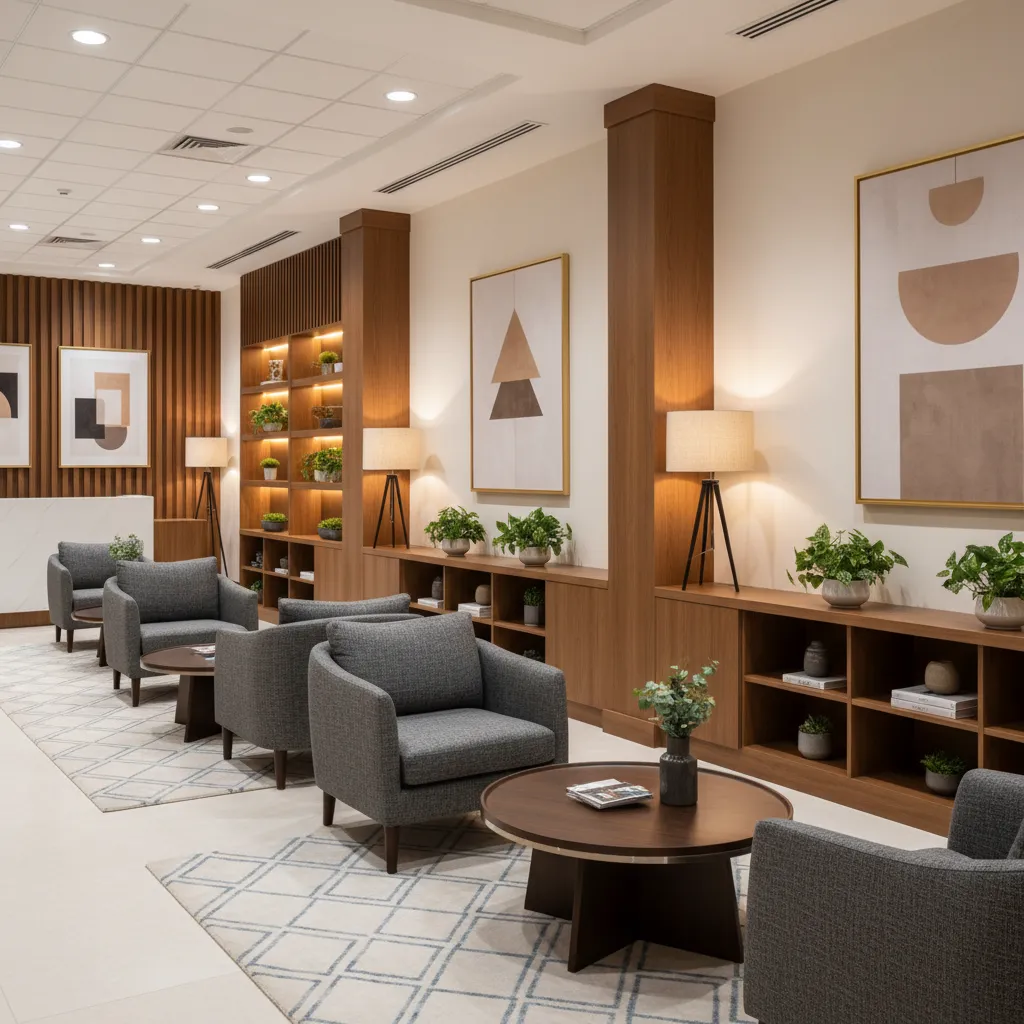 Zona de espera elegante dentro de una oficina inmobiliaria