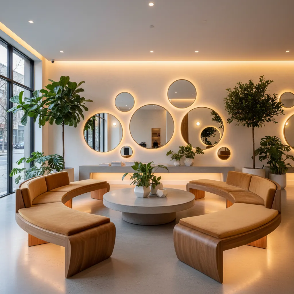 Salon waiting area with curved orange sofas, round stone table, green plants, and backlit mirrors