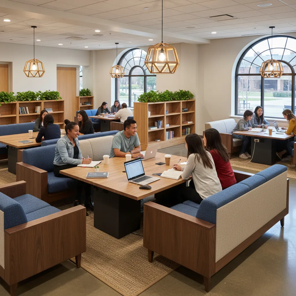 Zona colaborativa universitaria con sofás y mesas de trabajo