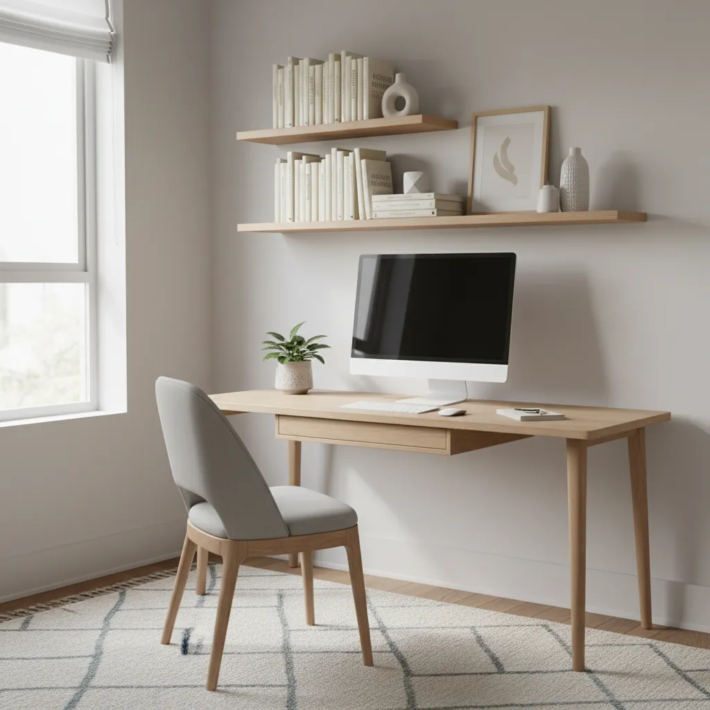 Zona de estudio en dormitorio juvenil con escritorio y estanterías
