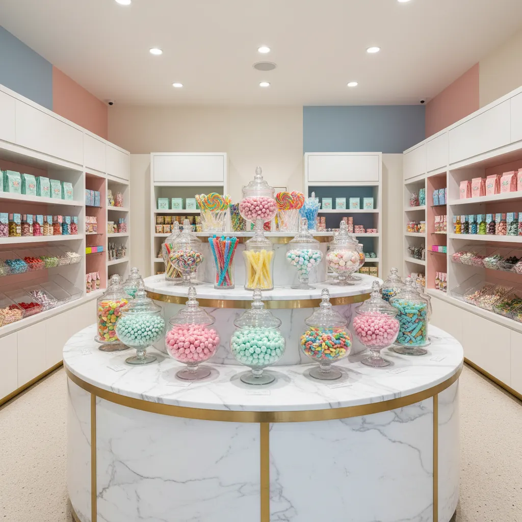 Zona central con frascos de chuches en una tienda moderna