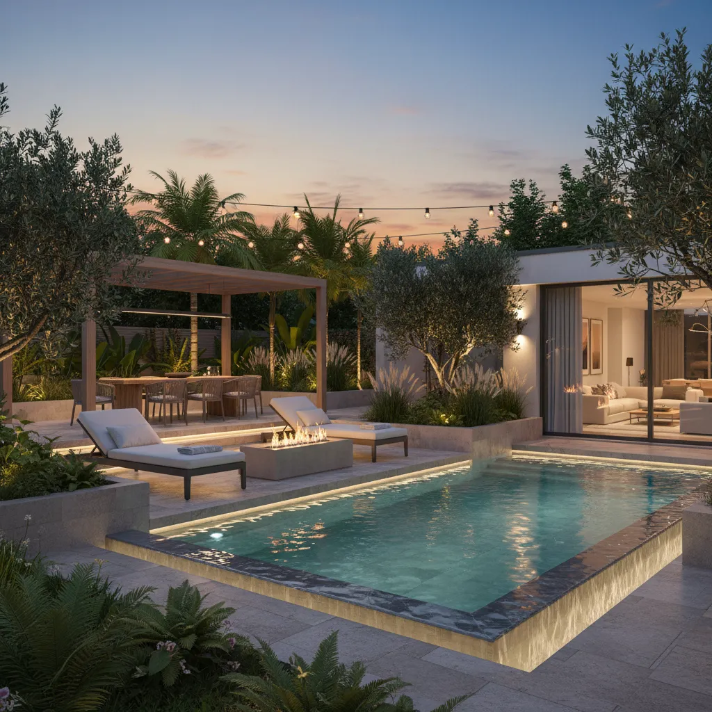 Luxury backyard with swimming pool lounge chairs fire pit dining area palm trees and lights