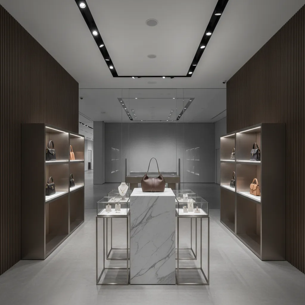 Luxury retail store display with marble stand brown handbag jewelry cases and dark wood wall