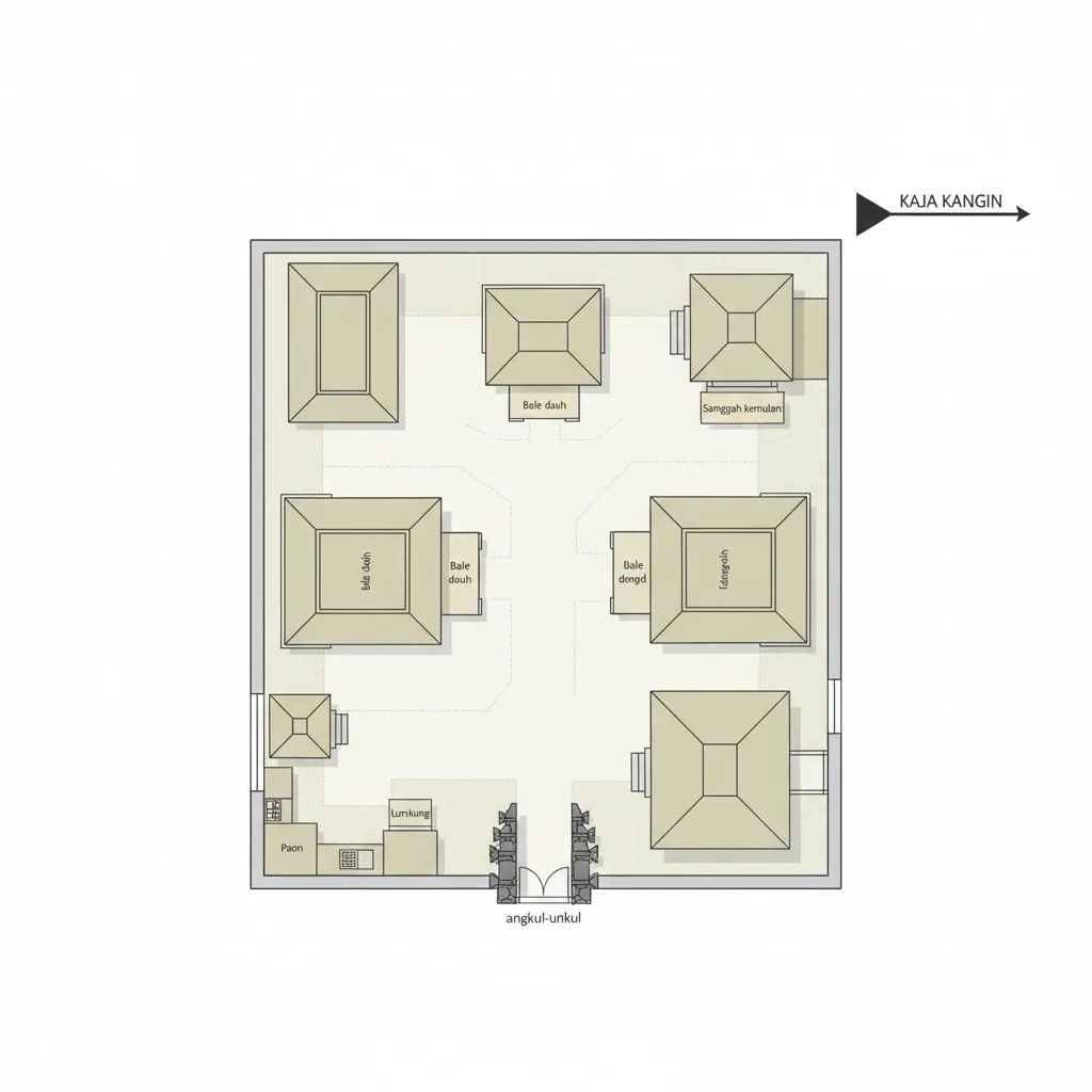 Traditional outdoor courtyard with stone shrines small wooden buildings stone floor tiles and tropical trees