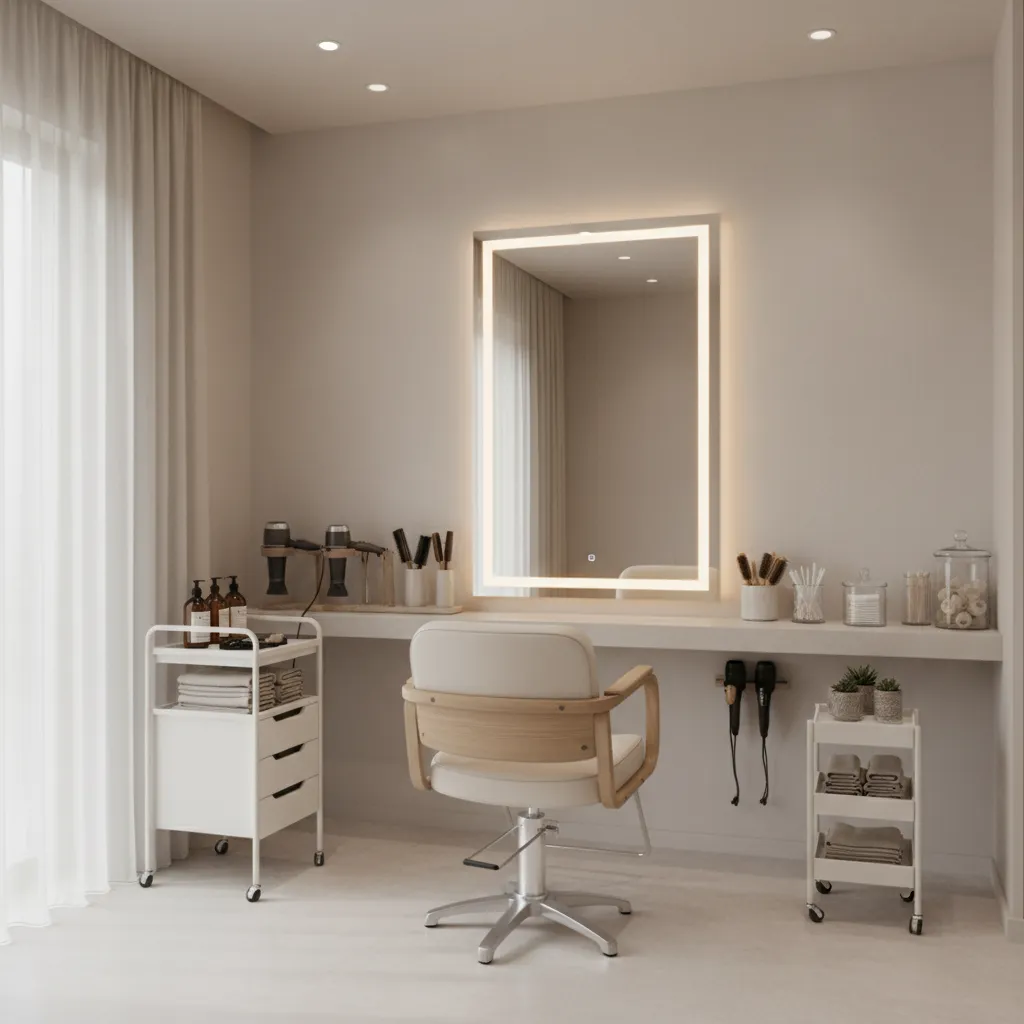 Area kerja salon rumahan dengan kursi styling dan cermin besar