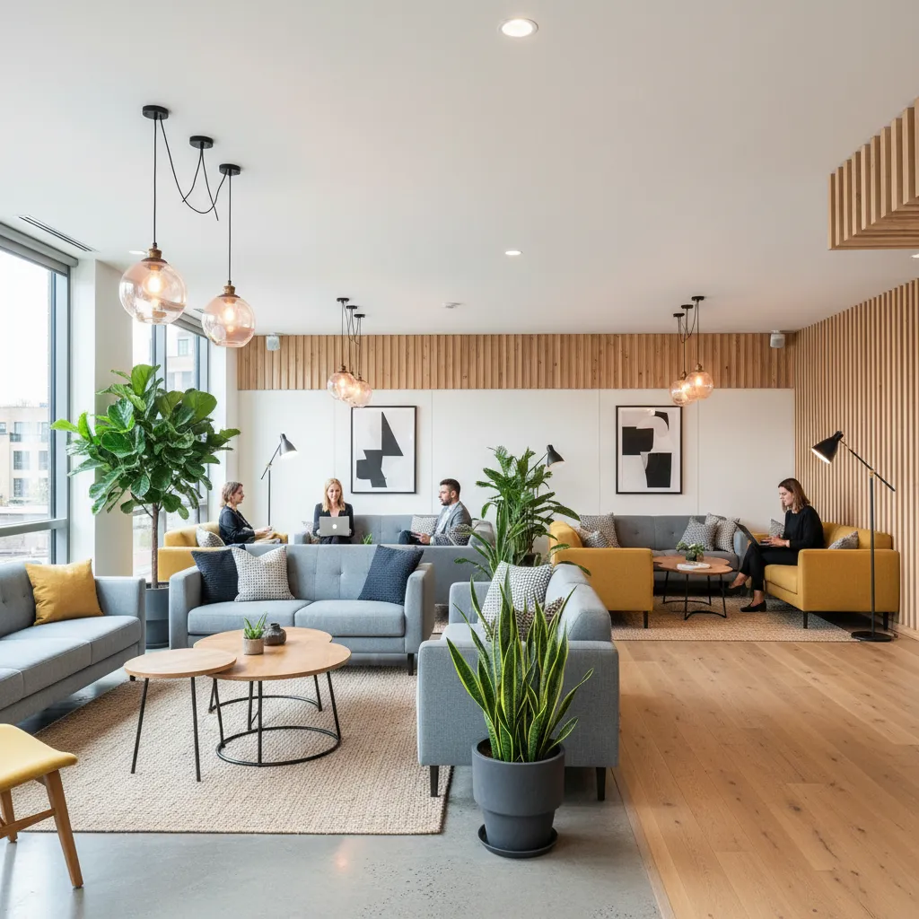 Área lounge informal en una oficina creativa con sofás y mesas bajas