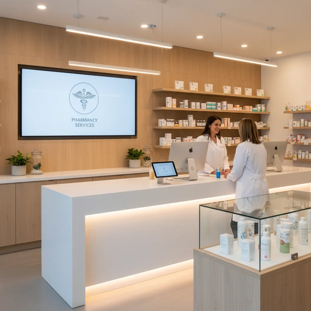 Modern pharmacy service counter with white desk, wood wall panel, digital screen, and pharmacist talking