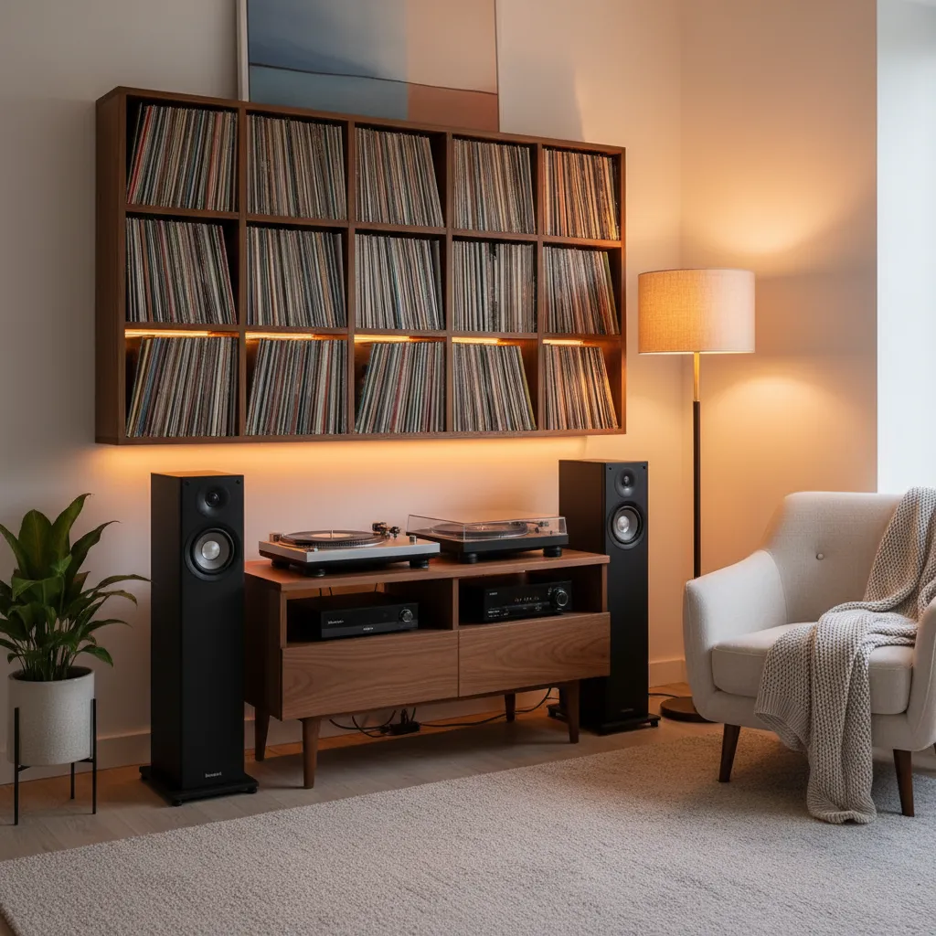 Music corner with wall record shelf record player black speakers floor lamp and white armchair