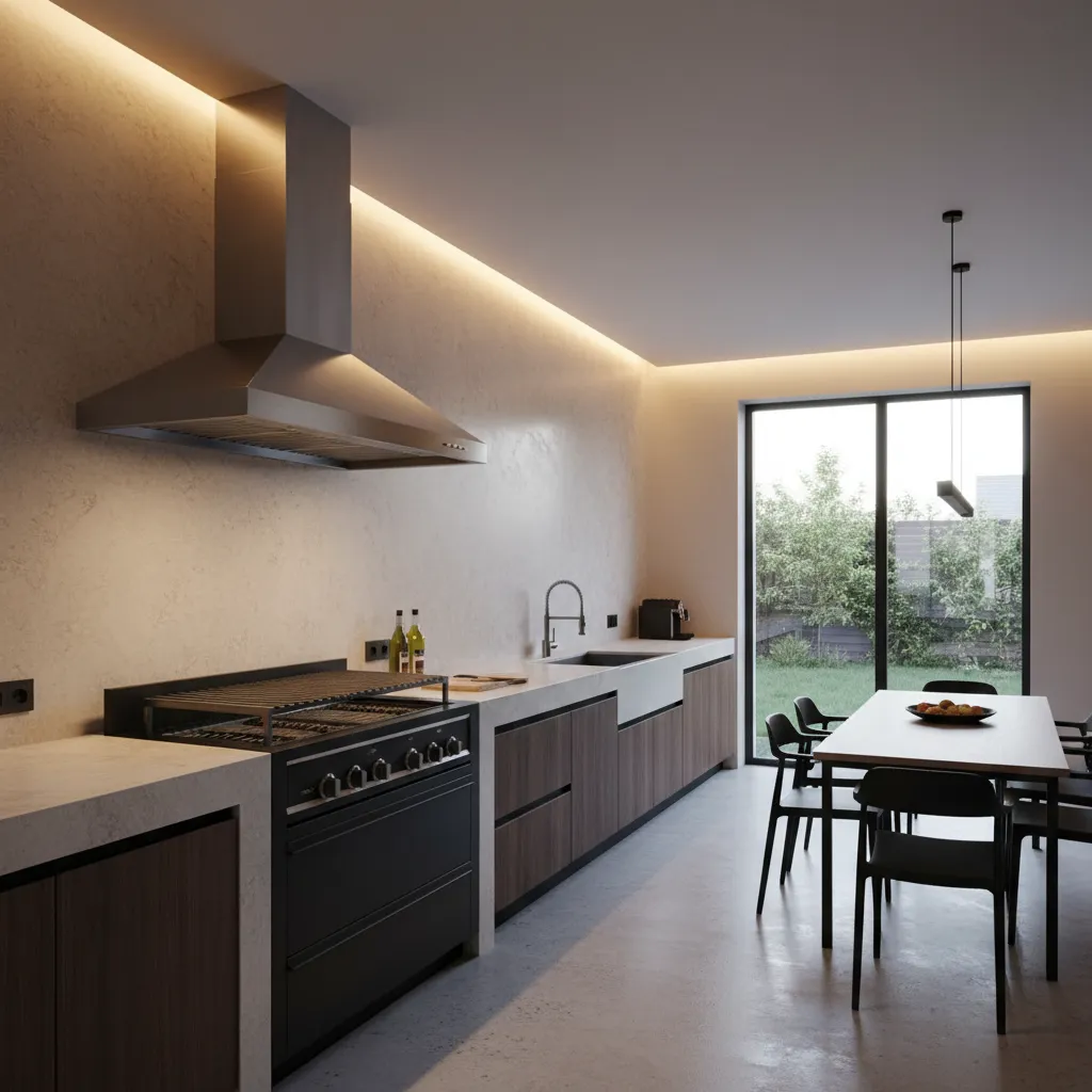Modern kitchen with black grill stove metal kitchen vent wooden cabinets and a dining table