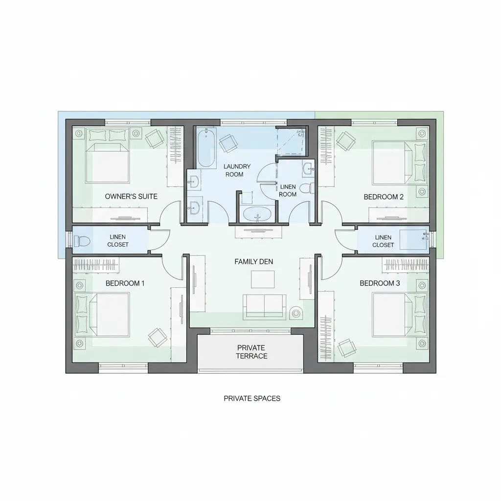 A two dimensional floor plan showing four bedrooms and a central family den area layout