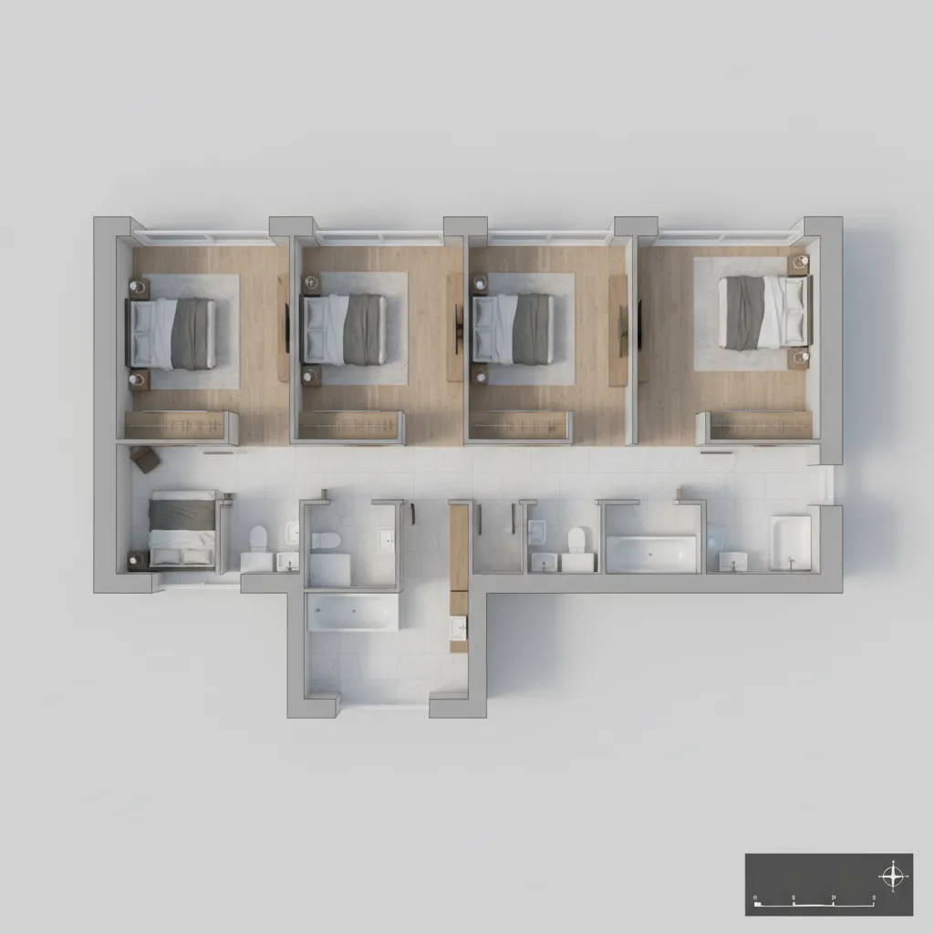 Top view 3D interior design drawing showing five bedrooms with wooden floors and white bathrooms