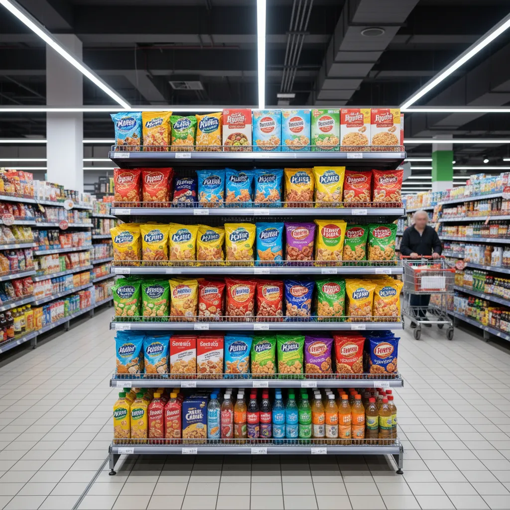 Supermarket shelf display showing colorful snack bags and bottled drinks with shoppers in the background
