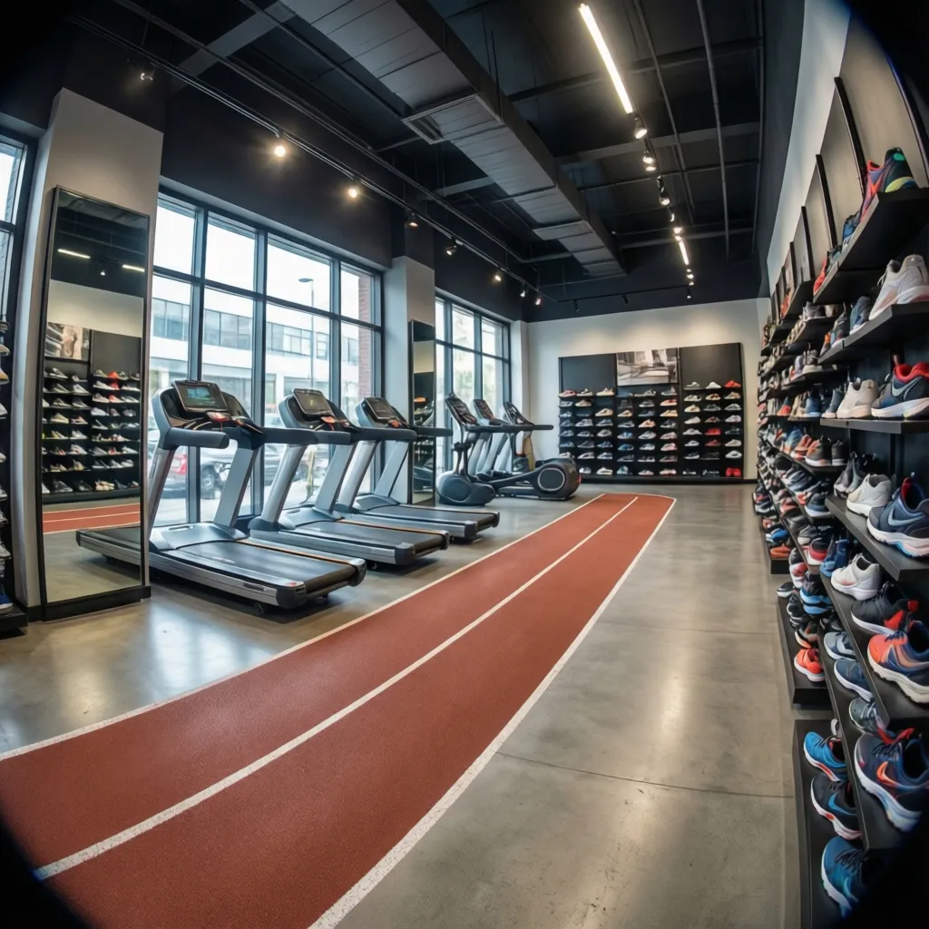 Zona de prueba de zapatillas en tienda deportiva