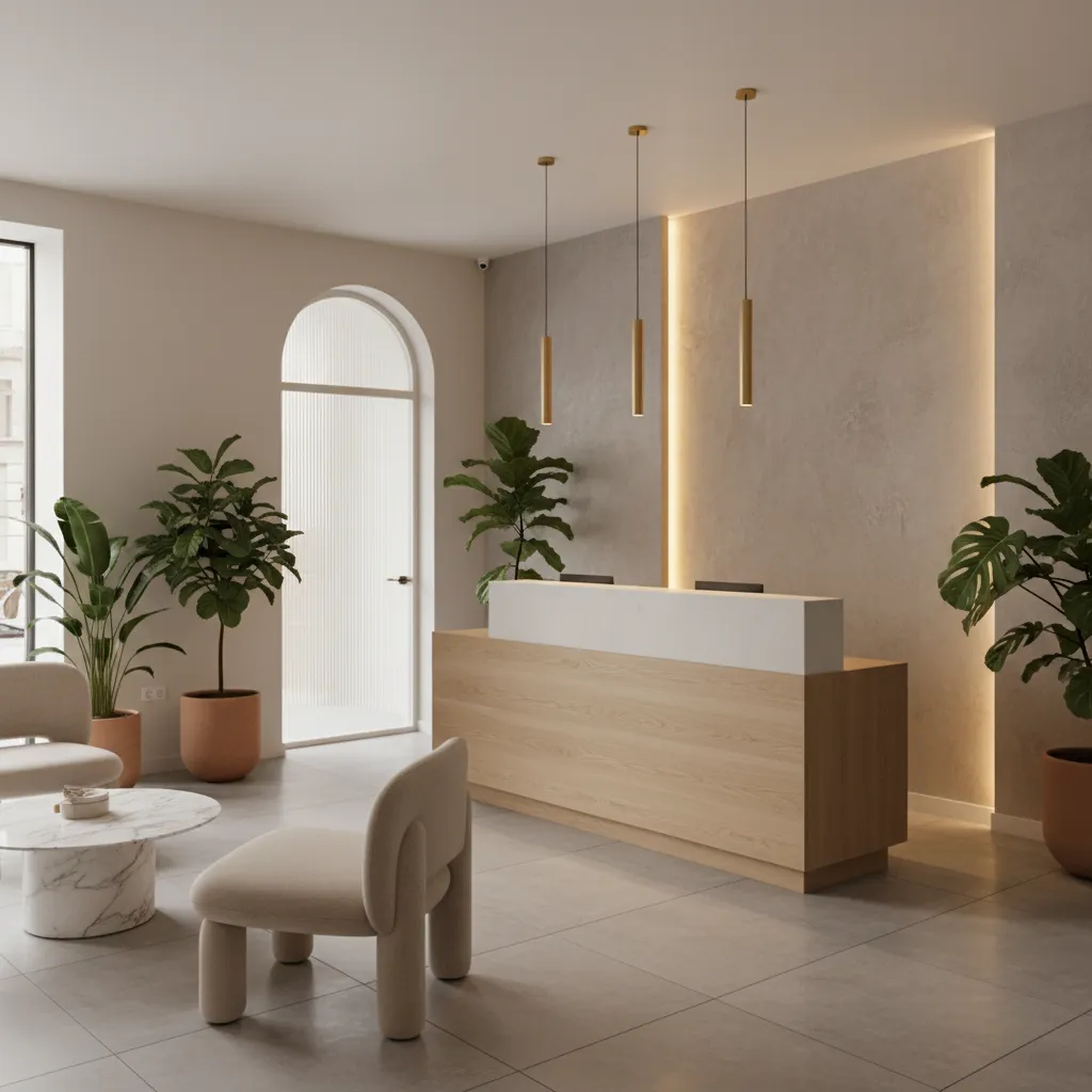 Recepción elegante de una peluquería con mostrador minimalista