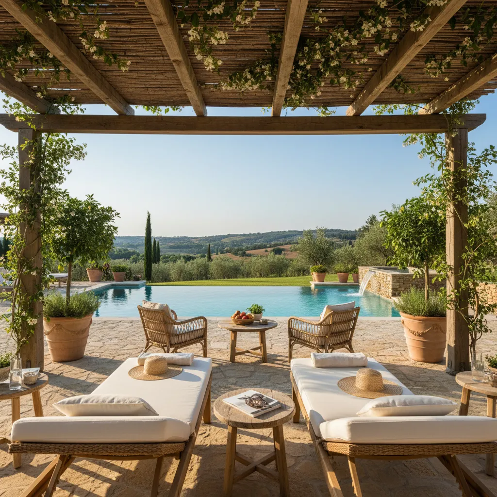 Relaxing outdoor area with lounge chairs and small wooden tables overlooking a blue swimming pool