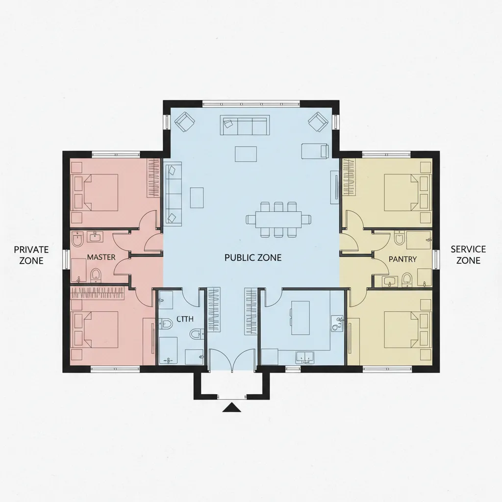 Ilustrasi pembagian zona publik privat dan servis dalam denah rumah